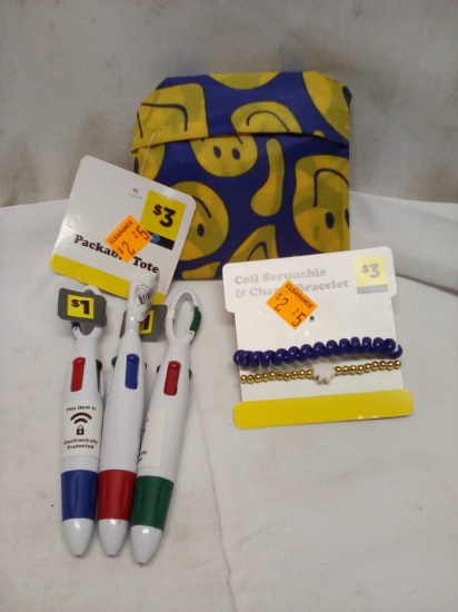 Packable Tote/ Qty 3 Multi Ink Clip Pens/ Coil Scrunchie and Bracelet