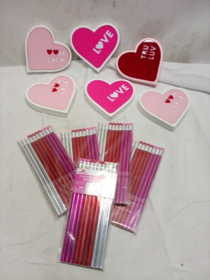11Pc Pink Lot- (5) Packs of Pencils, (6) Paper Weights/Table Decor