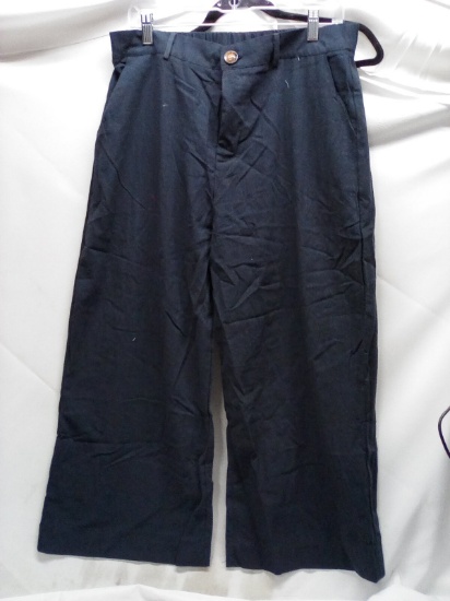 Button Zip Fly Back waist Elastic Wide Leg Capri Womens Size L-Navy