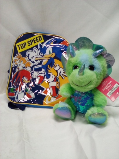 Sonic Backpack 12” x 9.5”/ Sequin Plush Dino