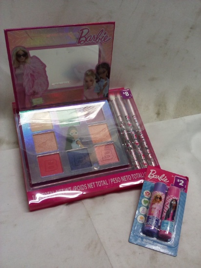 2Pc Barbie Kids Cosmetics Lot- (1) 2Pc Chapstick Pack, (1) Pallet w/ Brushes