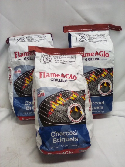 Lot of 3 FlameGlo Grilling 7.7Lbs Bags of Charcoal Briquets