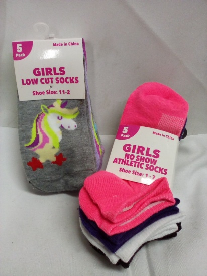 2 Packs of 5 Girls Socks- (1 Pack) Low Cut, (1 Pack) No Show Athletic