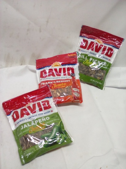 3 Assor. 5.25oz Bags of David Sunflowers- Franks Red Hot, Jalapeno, Dill Pickle