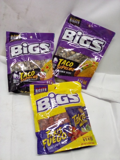 3 Assor. 5.35oz Bags of Bigs Sunflowers- (2) Taco Supreme, (1) Takis Fuego