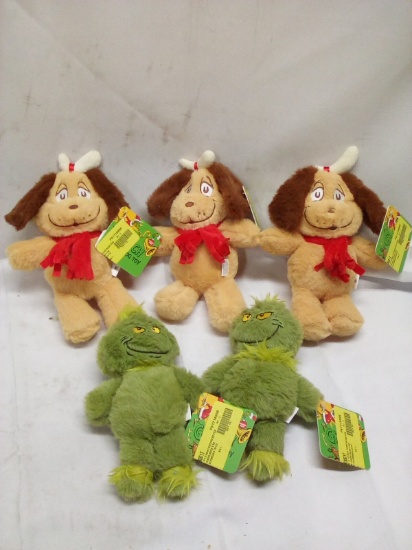 Lot of 5 Assorted Rattle Dog Chew Toys- (2) Grinch, (3) Max