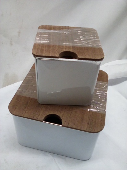 3Pc Set of White Metal Storage Tins w/ Wooden Lids (2 Small Are Stacked)