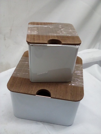 3Pc Set of White Metal Storage Tins w/ Wooden Lids (2 Small Are Stacked)