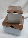 3Pc Set of White Metal Storage Tins w/ Wooden Lids (2 Small Are Stacked)