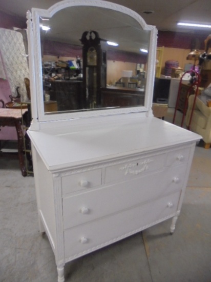 Antique Solid Wood Painted 5 Drawer Dresser w/ Mirror