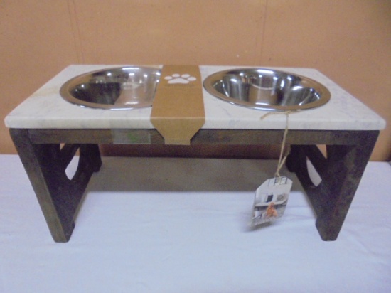 Wooden Marble Top Elevated Pet Dish w/ 2 Stainless Bowls