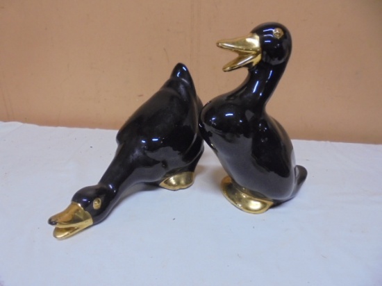 Set of Vintag Gold Trim Black Ceramic Ducks