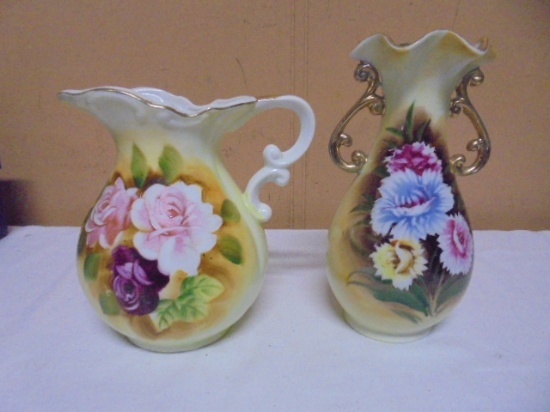 Beautiful Handpainted Porcelain Pitcher & Vase