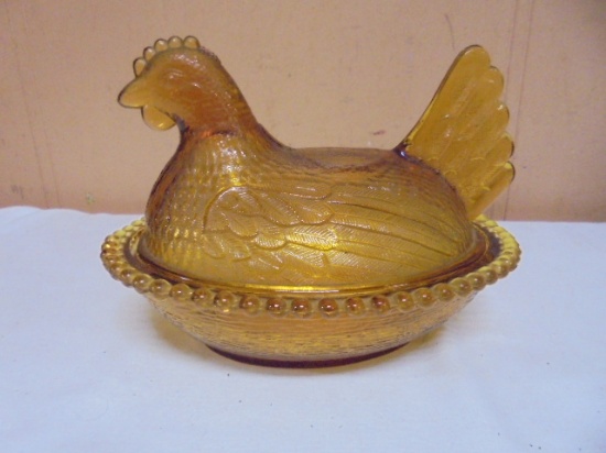 Vintage Indiana Glass Amber Hen on Nest