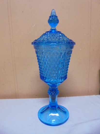 Vintage Indiana Glass Blue Diamond Point Footed Candy Dish