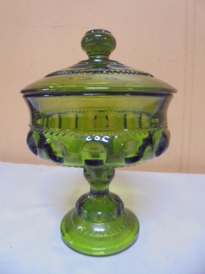 Vintage Indiana Glass Green Kings Crown Thumprint Pedistal Candy Dish