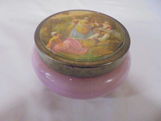 Antique Pink Glass Metal Lid Powder Box