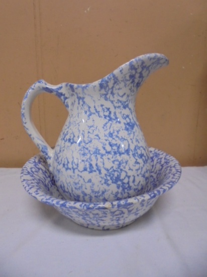 Blue Spongeware Stoneware Pitcher & Bowl Set