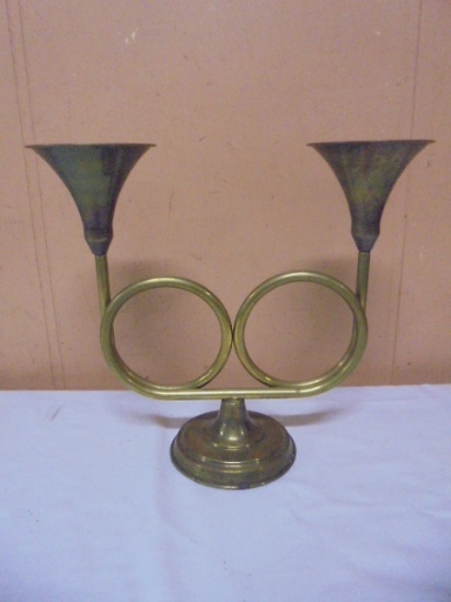 Vintage Brass Double French Horn Candle Holder