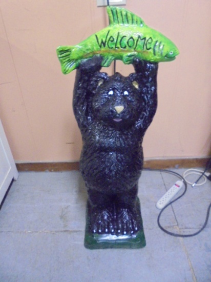 Large Black Bear Welcome Statue w/ Fish