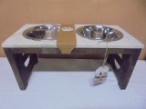 Wooden Marble Top Elevated Pet Dish w/ 2 Stainless Bowls