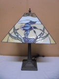 Beautiful Double Pull Chain Metal Table Lamp w/ Stained Glas Shade w/ Ducks