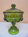 Vintage Indiana Glass Green Kings Crown Thumprint Pedistal Candy Dish