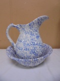 Blue Spongeware Stoneware Pitcher & Bowl Set