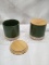 Pair of 4.5”Tx4”D Assorted Ceramic Canisters w/ Wooden Lids