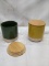 Pair of 4.5”Tx4”D Assorted Ceramic Canisters w/ Wooden Lids