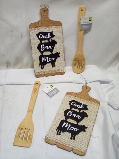 4Pc Wooden Kitchen Lot- (2) Utensils, (2) Decorative Signs
