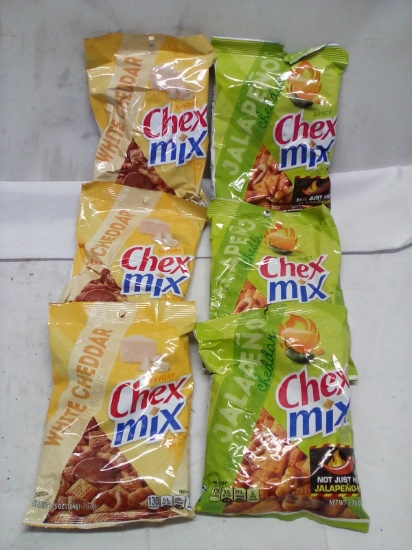 6Pc Chex Mix Snack Bag Lot- (3) White Cheddar, (3) Jalapeno Cheddar
