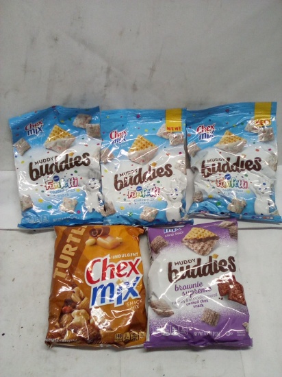 5Pc Chex Mix Snack Bag Lot- (3) FunFetti, (1) Brownie Supreme, (1) Turtle
