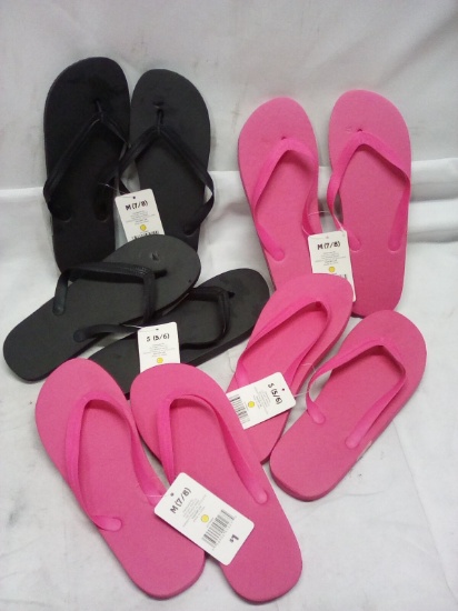 5 Pairs of Assorted Color Ladies Flip Flops- (3) Medium (7/8), (2) Small (5/6)
