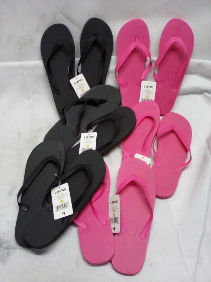 6 Pairs of Assorted Color Ladies Flip Flops- Large (9/10)