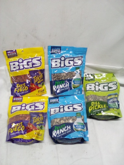 5 Bags of Ass. BIGS Sunflowers- (2)Takis Fuego, (2)Zesty HV Ranch, (1)Dill Pickle