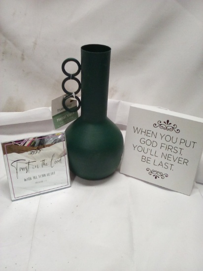 2 signs 1 metal vase