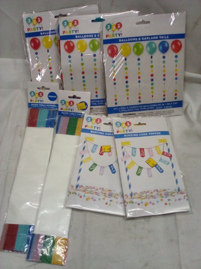 Qty 7 Party Lot- Balloon & Garland, Cake Toppers, Table Runners