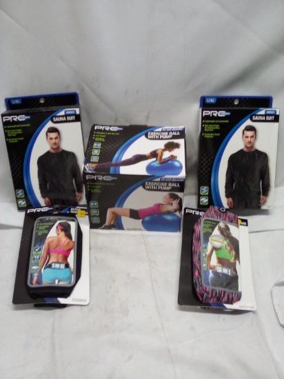 Qty 5pc Exercise Lot- Sauna Suit, Exercise Ball, Active Waistband, Active Armband