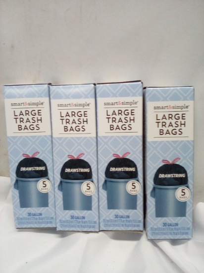 Qty 4 Large Trash Bags 30 Gallon Drawstring 5ct