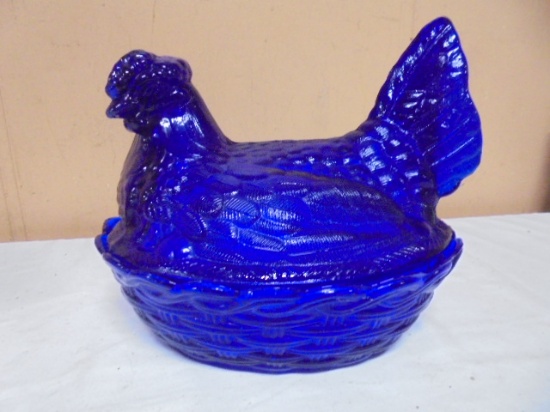 Beautiful Lage Cobalt Blue Glass Hen on Nest