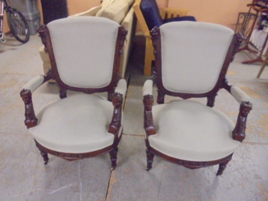2 Matching Beautiful Antique Ornate Upholstered Arm Chairs