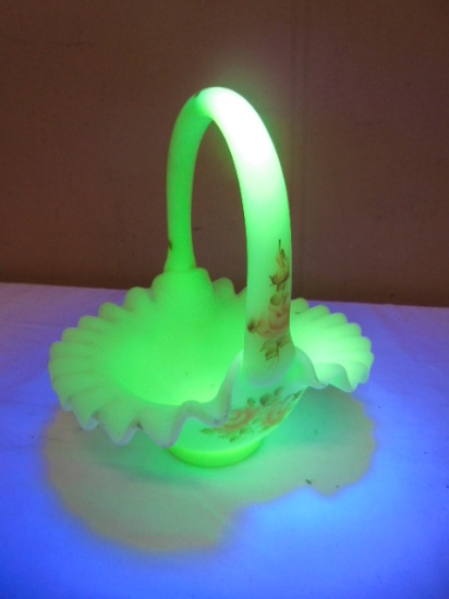 Beautiful Fenton Uranium Custard Glass Handpainted & Signed Basket