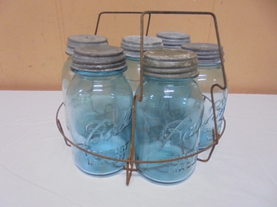 Group of 6 Vintage Blue Glass Ball Quart Jars in Metal Rack