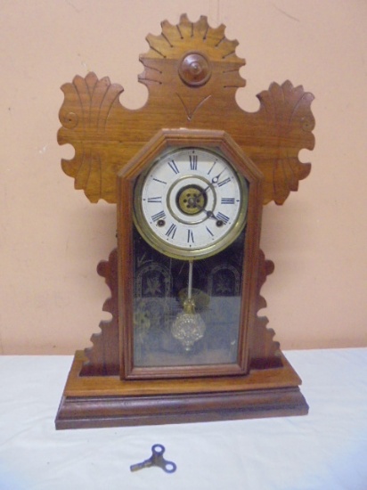 Beautiful Antique E Ingraham & Co Wood Case Clock w/ Key