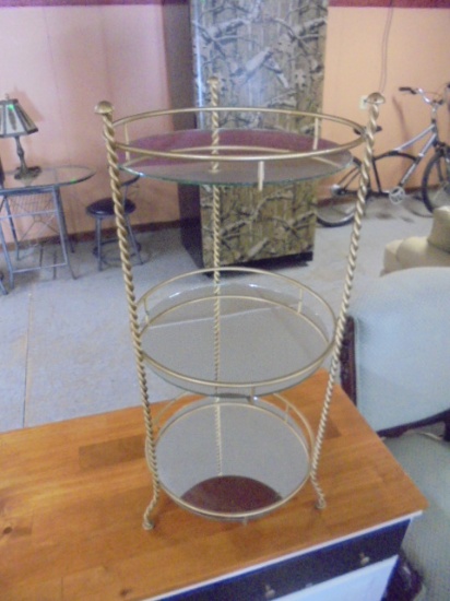 Small Metal Round 3 Tier Side Stand w/ 3 Mirrored Glass Shelves