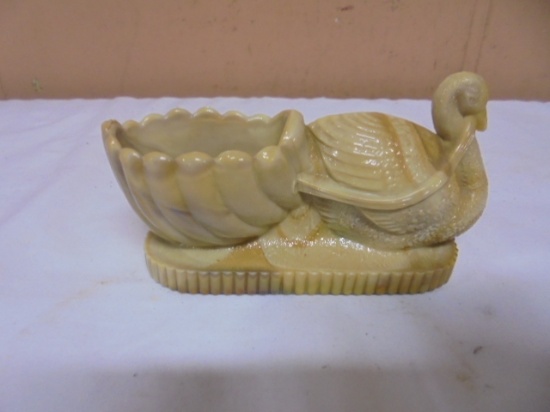 Vintage Carmel Slag Glass Goose w/ Cart Salt Dip