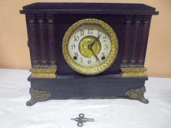 Antique E Ingraham Ornate Wood Case Mantel Clock w/ Key