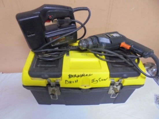 Craftsman Jigsaw & Black & Decker 3/8in Drill in Tool Box w/ Drill Bits
