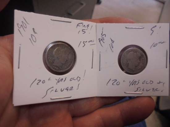 1901 & 1905 Silver Barber Dimes